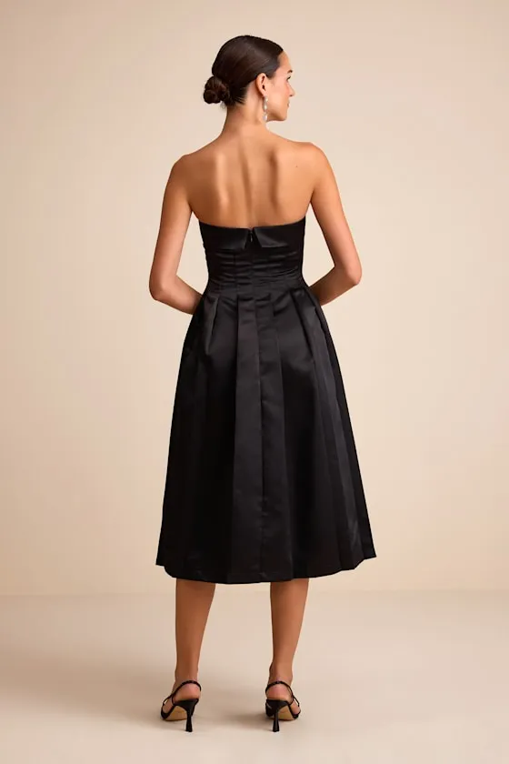 Indaya Black Satin Seamed Pleated Strapless Midi Dress sold by Lulus product image thumbnail 3