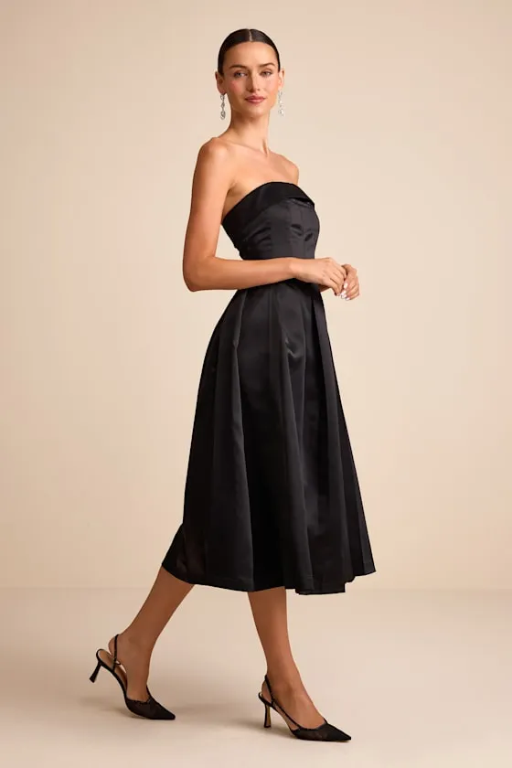 Indaya Black Satin Seamed Pleated Strapless Midi Dress sold by Lulus product image thumbnail 4