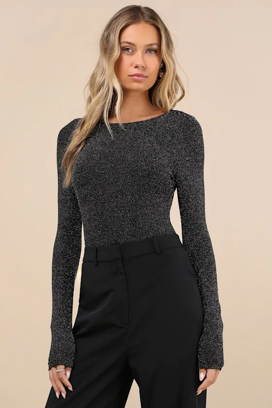 Iconic Sparkle Black Lurex Backless Long Sleeve Bodysuit sold by Lulus product image thumbnail 2