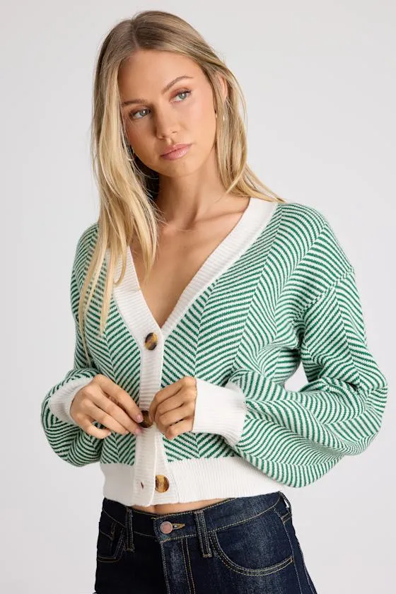 Here Comes a Holiday Green and White Striped Button-Up Cardigan sold by Lulus