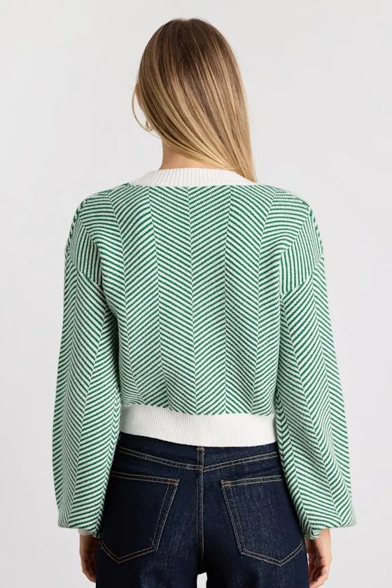 Here Comes a Holiday Green and White Striped Button-Up Cardigan sold by Lulus product image thumbnail 3