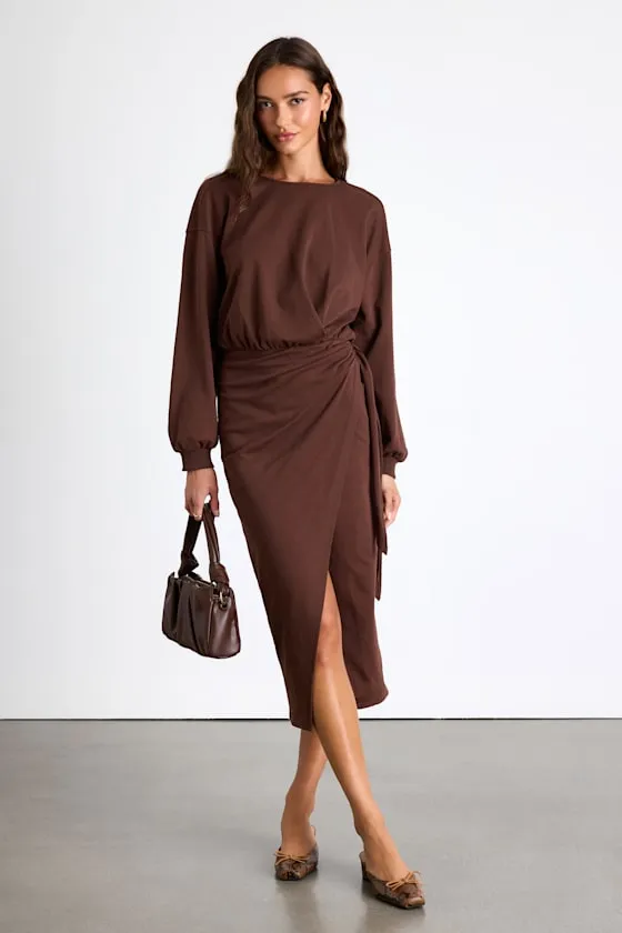 Eunia Brown Jersey Knit Long Sleeve Wrap Midi Dress sold by Lulus