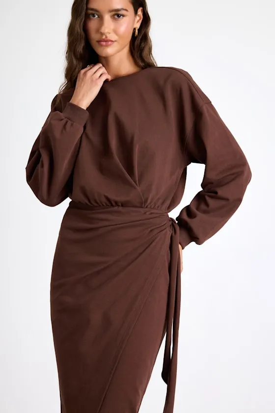 Eunia Brown Jersey Knit Long Sleeve Wrap Midi Dress sold by Lulus product image thumbnail 2