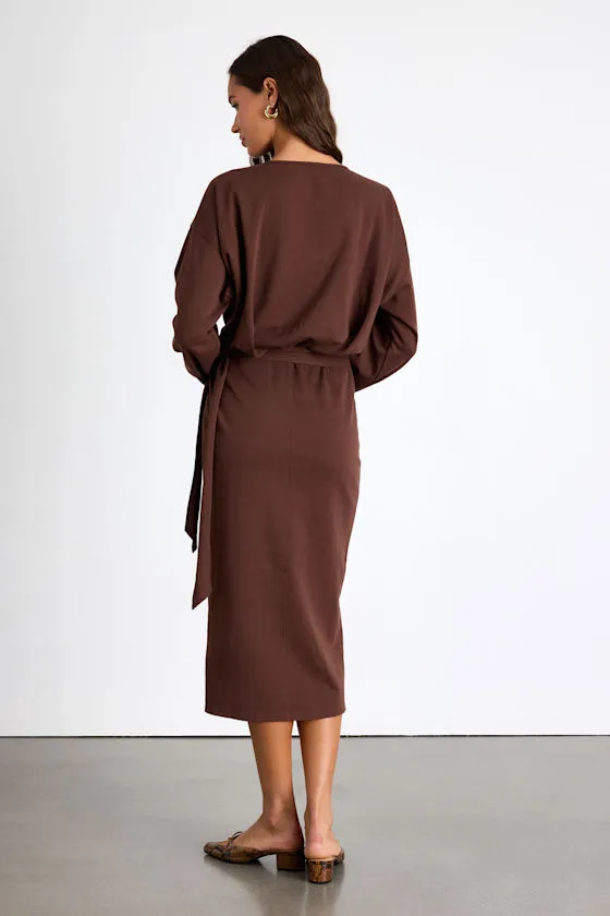 Eunia Brown Jersey Knit Long Sleeve Wrap Midi Dress sold by Lulus product image thumbnail 3