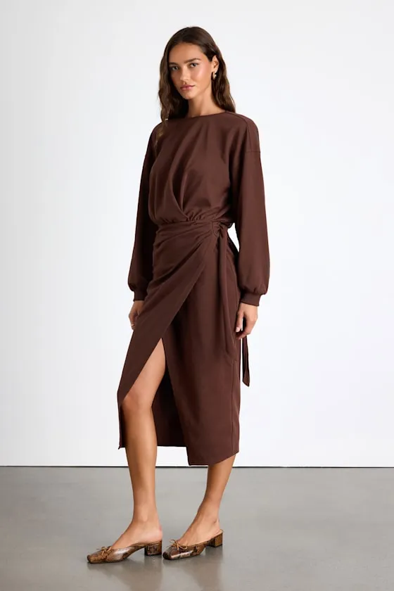 Eunia Brown Jersey Knit Long Sleeve Wrap Midi Dress sold by Lulus product image thumbnail 4