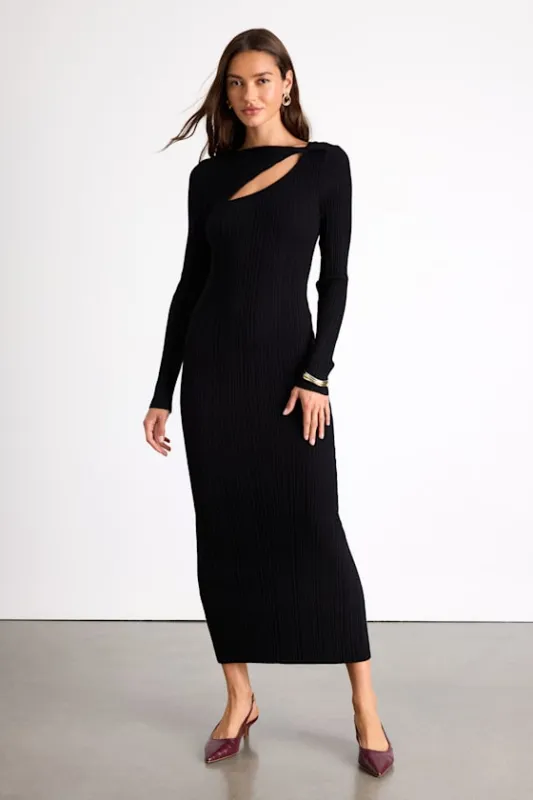 Mattea Black Ribbed Cutout Long Sleeve Sweater Midi Dress sold by Lulus