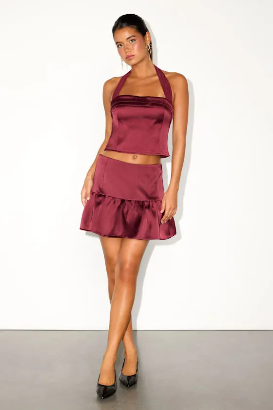 Vissera Burgundy Satin Tiered Mid-Rise Mini Skirt sold by Lulus product image thumbnail 4