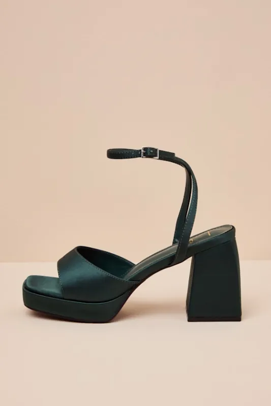Shirine Emerald Satin Platform Ankle Strap Heels sold by Lulus