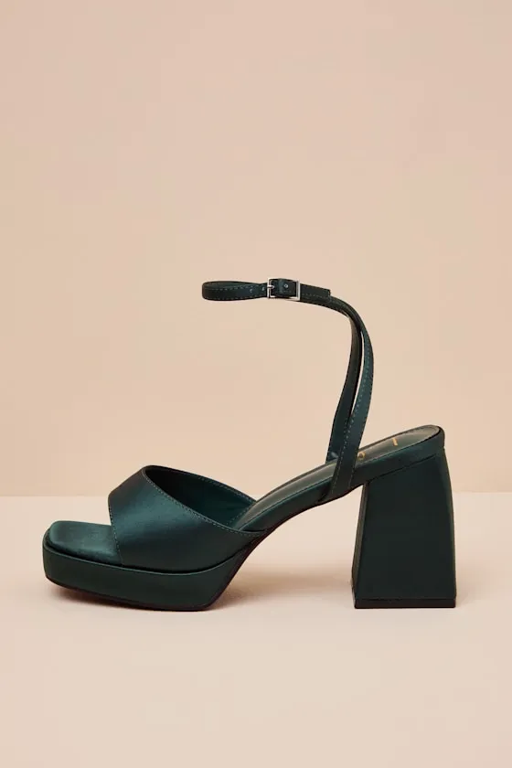 Shirine Emerald Satin Platform Ankle Strap Heels sold by Lulus