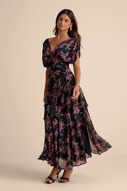 Wrenna Black Floral Gathered Tiered Maxi Dress sold by Lulus