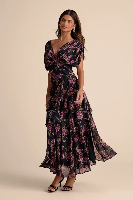 Wrenna Black Floral Gathered Tiered Maxi Dress sold by Lulus