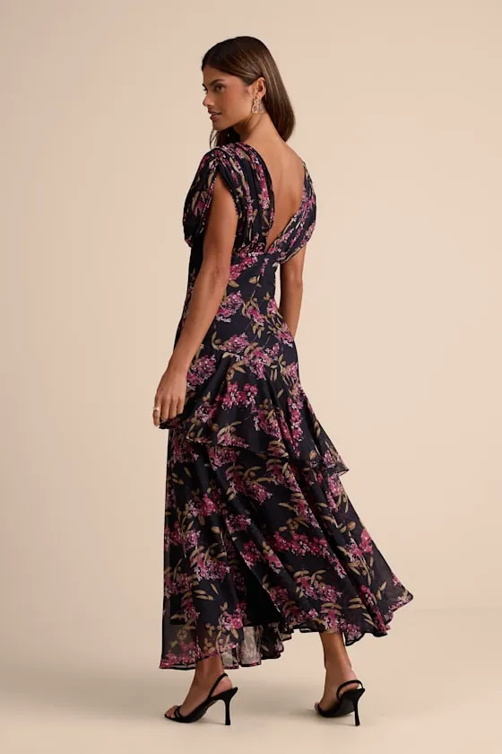 Wrenna Black Floral Gathered Tiered Maxi Dress sold by Lulus product image thumbnail 3