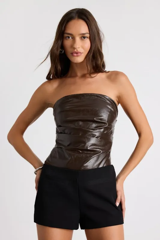 Anwyn Dark Brown Vegan Leather Ruched Strapless Bodysuit sold by Lulus