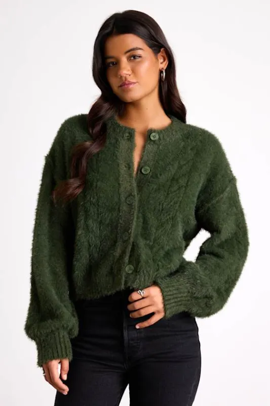 Ashby Dark Green Braided Eyelash Knit Cardigan Sweater sold by Lulus