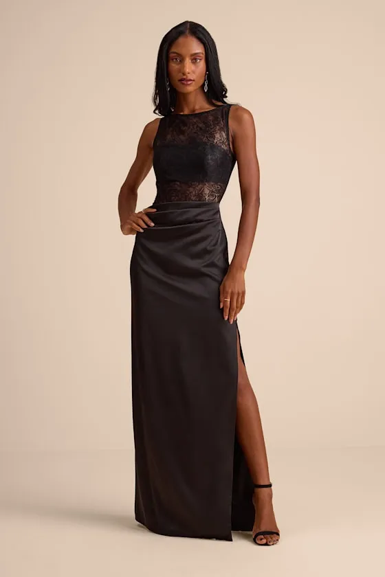 Akasha Black Sheer Lace Mixed-Media Maxi Dress sold by Lulus