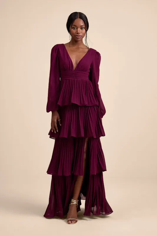 Graceful Finesse Plum Pleated Long Sleeve Maxi Dress sold by Lulus