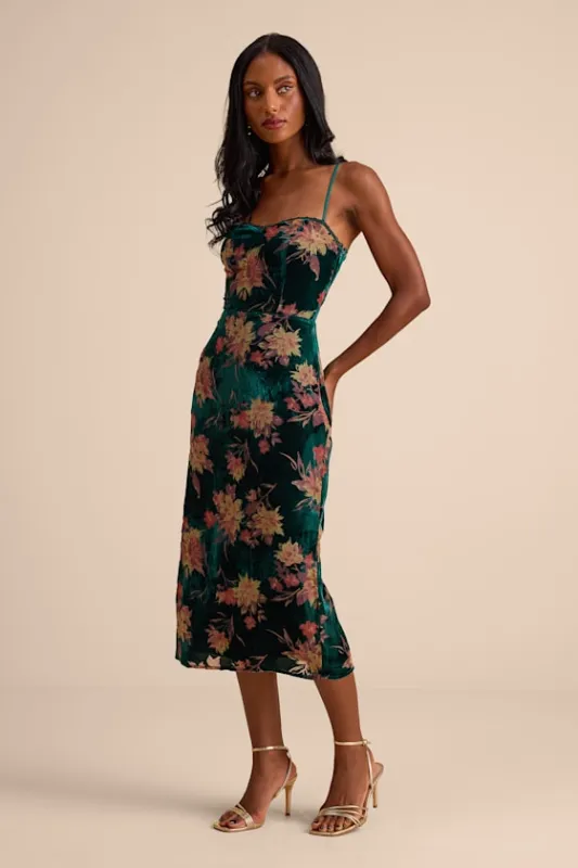 Erisa Emerald Velvet Floral Burnout Midi Dress sold by Lulus