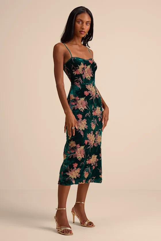 Erisa Emerald Velvet Floral Burnout Midi Dress sold by Lulus product image thumbnail 4