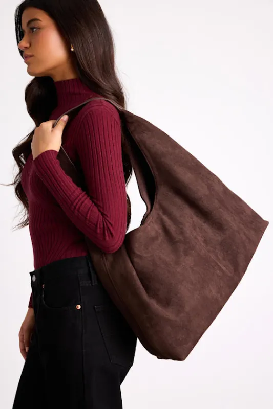 Ishana Chocolate Brown Vegan Suede Slouchy Tote Bag sold by Lulus