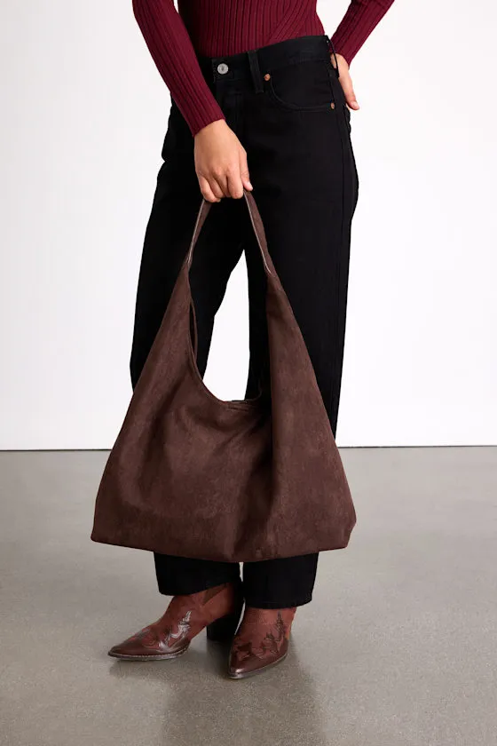 Ishana Chocolate Brown Vegan Suede Slouchy Tote Bag sold by Lulus product image thumbnail 3