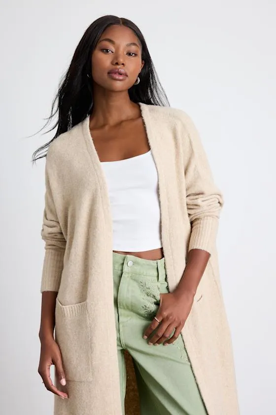 Morella Beige Open-Front Long Cardigan Sweater sold by Lulus