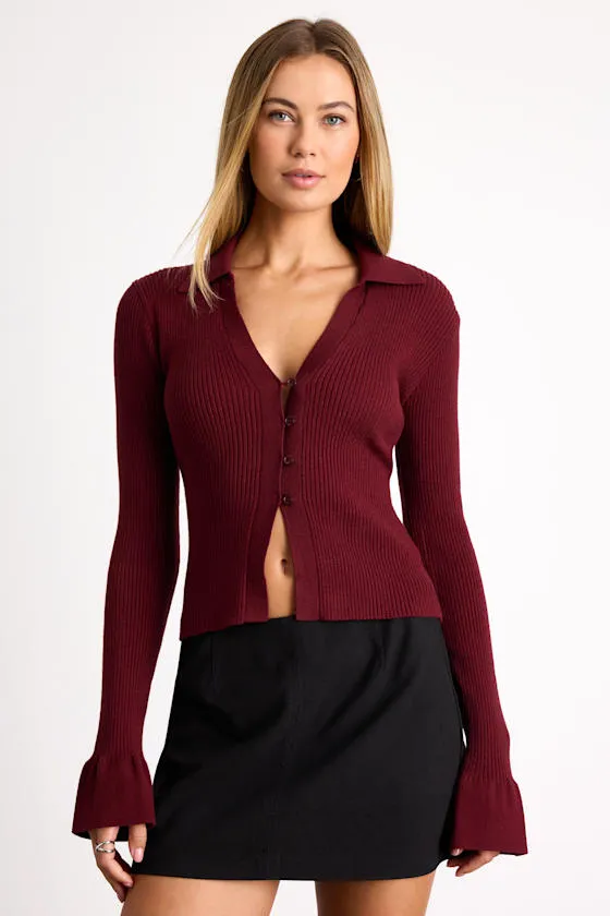 Audlynn Burgundy Ribbed Collared Button-Front Cardigan Top sold by Lulus