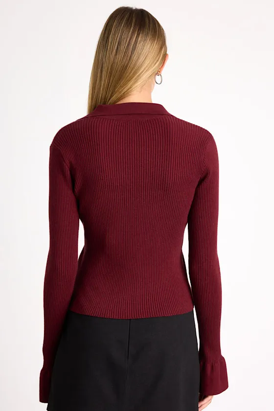 Audlynn Burgundy Ribbed Collared Button-Front Cardigan Top sold by Lulus product image thumbnail 3