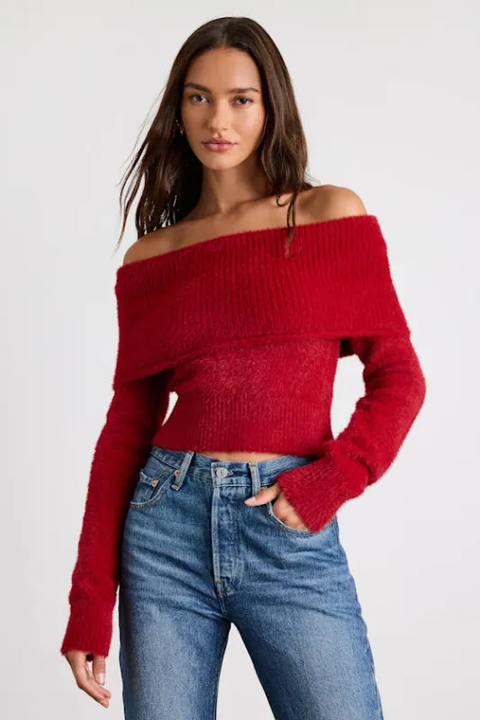 Ravenna Red Eyelash Knit Off-the-Shoulder Sweater Top sold by Lulus