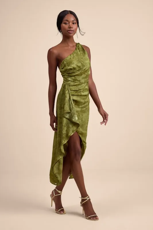 Vasia Olive Green Jacquard One-Shoulder Midi Dress sold by Lulus