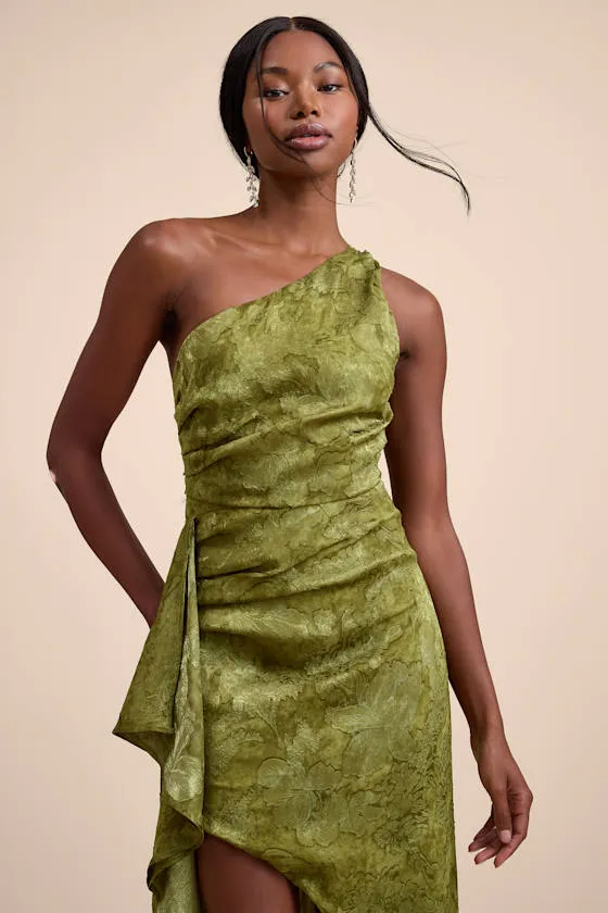 Vasia Olive Green Jacquard One-Shoulder Midi Dress sold by Lulus product image thumbnail 2