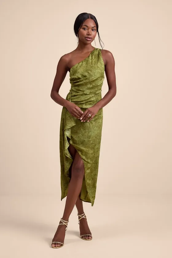 Vasia Olive Green Jacquard One-Shoulder Midi Dress sold by Lulus product image thumbnail 4