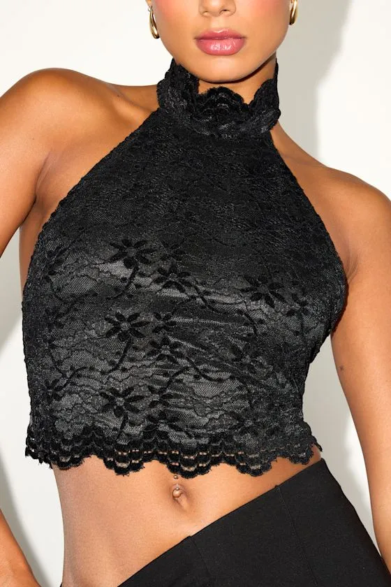 Khalila Black Scalloped Lace Halter Crop Top sold by Lulus product image thumbnail 2