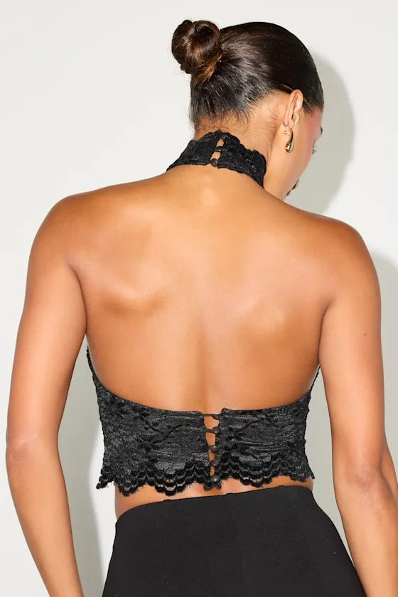 Khalila Black Scalloped Lace Halter Crop Top sold by Lulus product image thumbnail 3