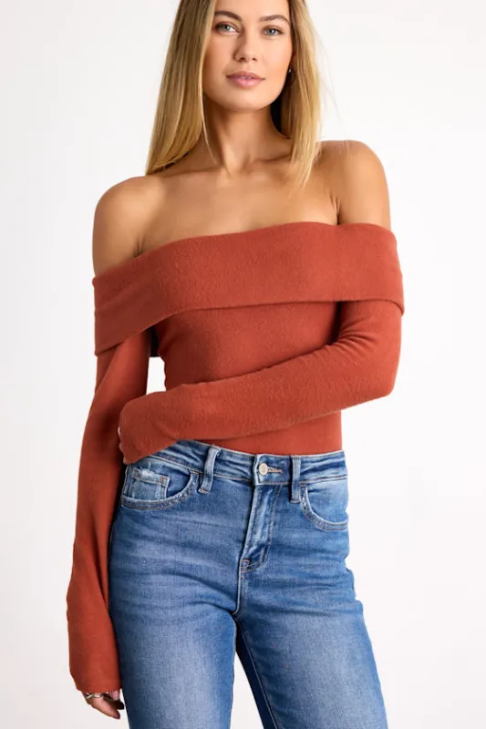 Sabriel Rust Orange Off-the-Shoulder Long Sleeve Top sold by Lulus