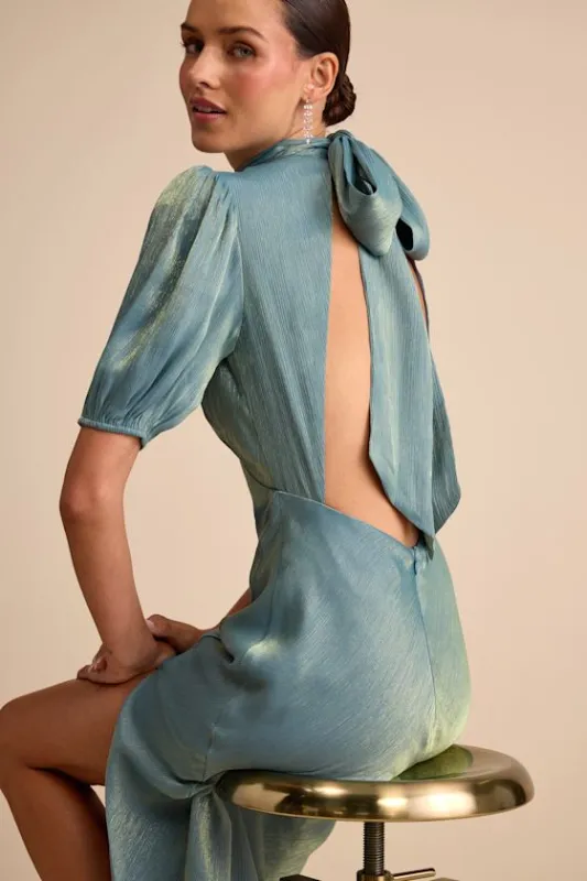 Talira Light Blue Satin Lurex Mock Neck Cutout Maxi Dress sold by Lulus