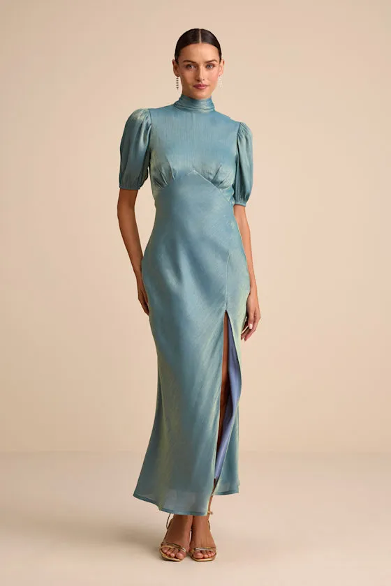 Talira Light Blue Satin Lurex Mock Neck Cutout Maxi Dress sold by Lulus product image thumbnail 2