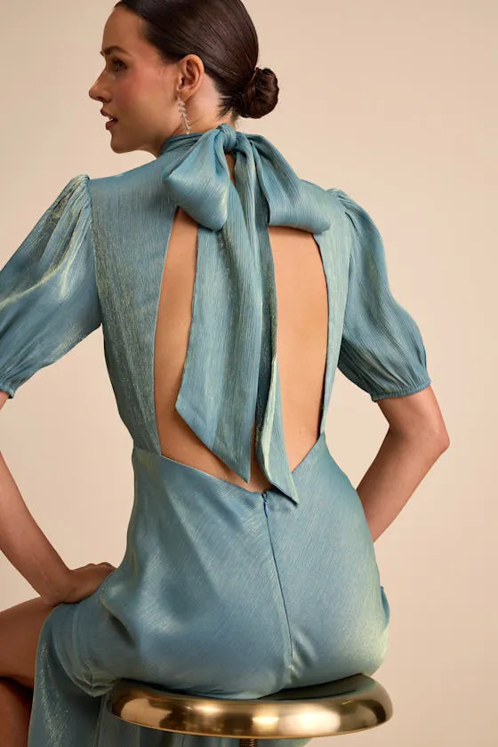 Talira Light Blue Satin Lurex Mock Neck Cutout Maxi Dress sold by Lulus product image thumbnail 3