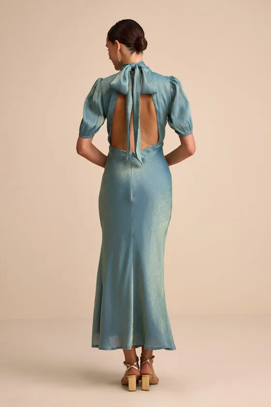 Talira Light Blue Satin Lurex Mock Neck Cutout Maxi Dress sold by Lulus product image thumbnail 4