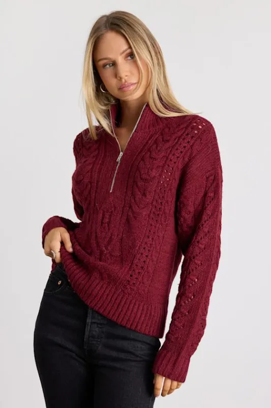 Stylish Forecast Red Cable Knit Quarter-Zip Pullover Sweater sold by Lulus