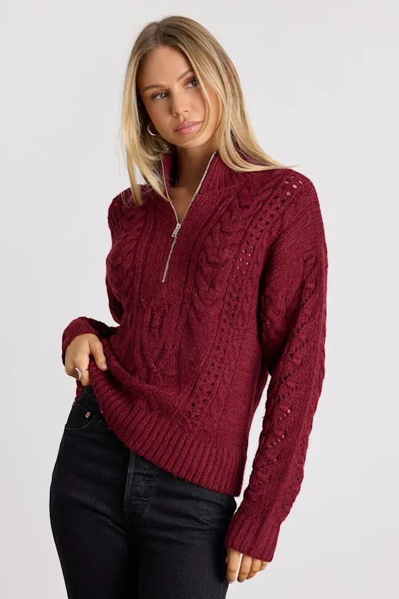 Stylish Forecast Red Cable Knit Quarter-Zip Pullover Sweater sold by Lulus