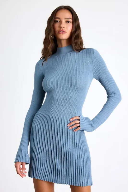 Adiva Slate Blue Ribbed Mock Neck Sweater Mini Dress sold by Lulus