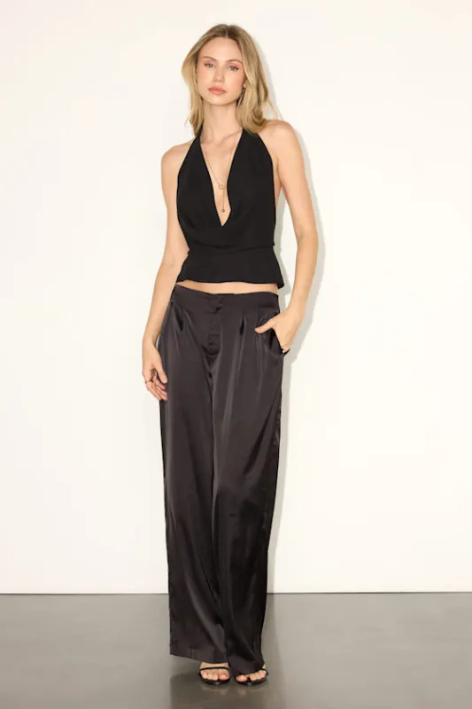 Marela Black Satin Low-Rise Straight Leg Trousers sold by Lulus