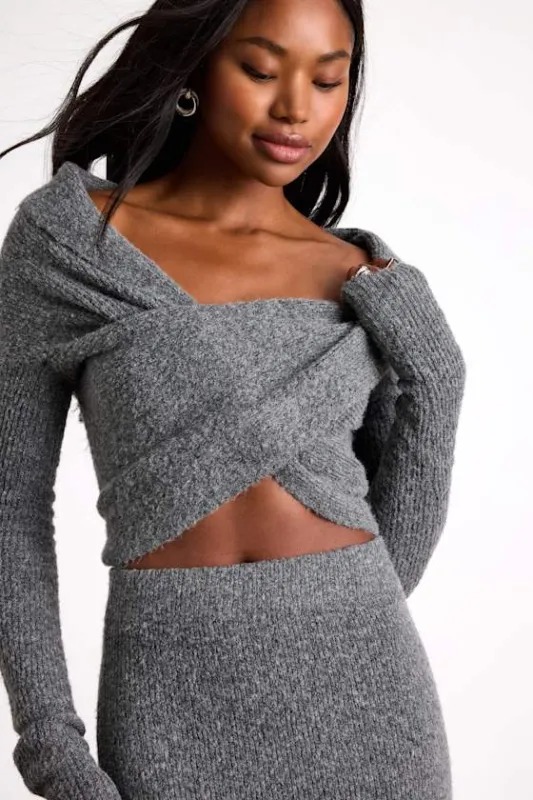 Alfina Grey Knit Cross-Front Cropped Sweater Top sold by Lulus