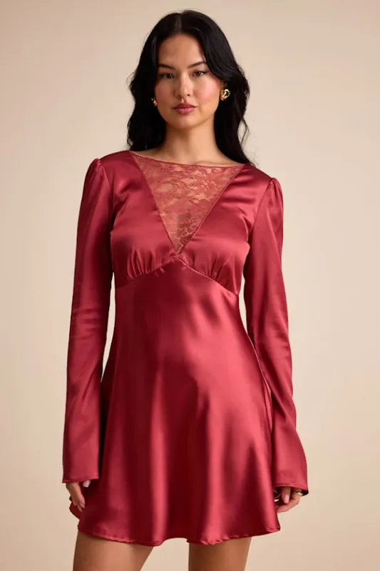 Emberlyn Rusty Rose Satin Lace Long Sleeve Mini Dress sold by Lulus