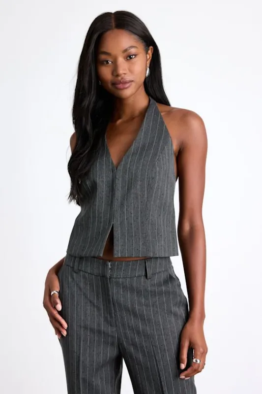 Thalina Dark Grey Pinstriped Rhinestone Halter Vest Top sold by Lulus