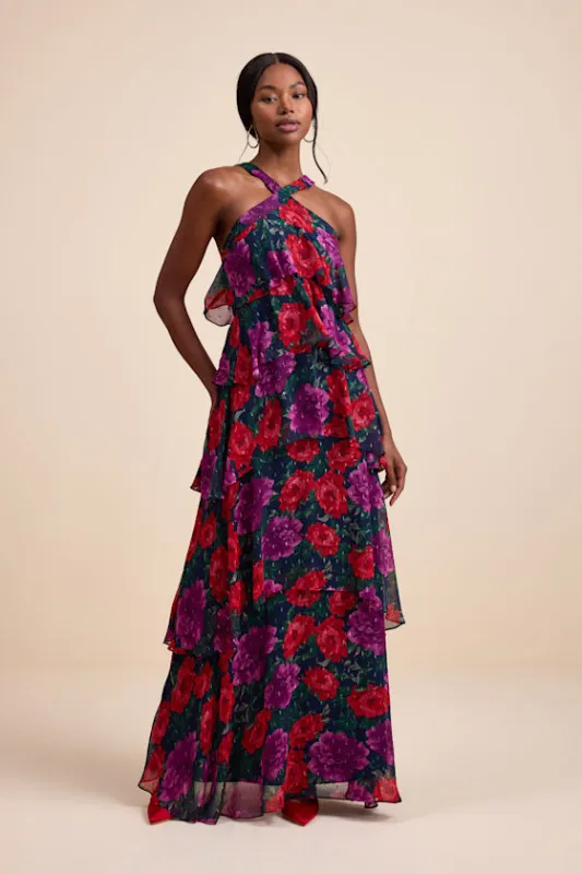 Allegria Navy Floral Clip Dot Tiered Backless Maxi Dress sold by Lulus