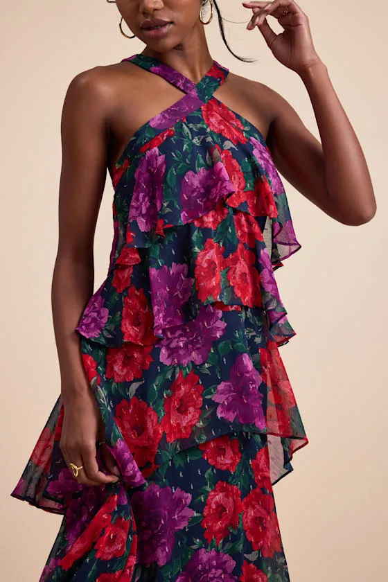 Allegria Navy Floral Clip Dot Tiered Backless Maxi Dress sold by Lulus product image thumbnail 2