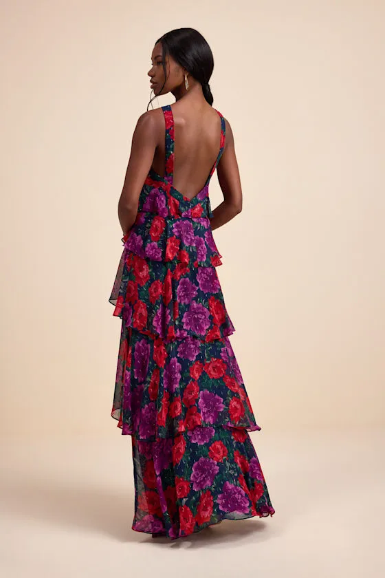 Allegria Navy Floral Clip Dot Tiered Backless Maxi Dress sold by Lulus product image thumbnail 3