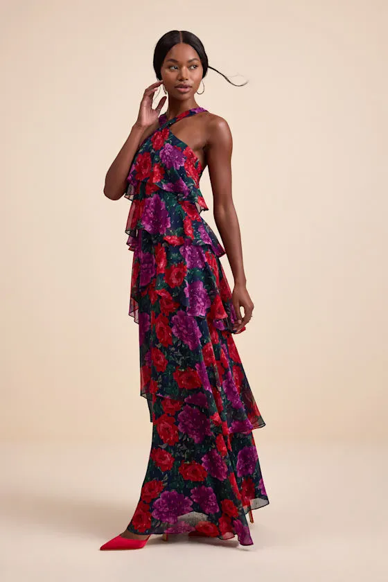 Allegria Navy Floral Clip Dot Tiered Backless Maxi Dress sold by Lulus product image thumbnail 4