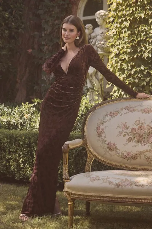 Patricia Brown Velvet Burnout Long Sleeve Maxi Dress sold by Lulus